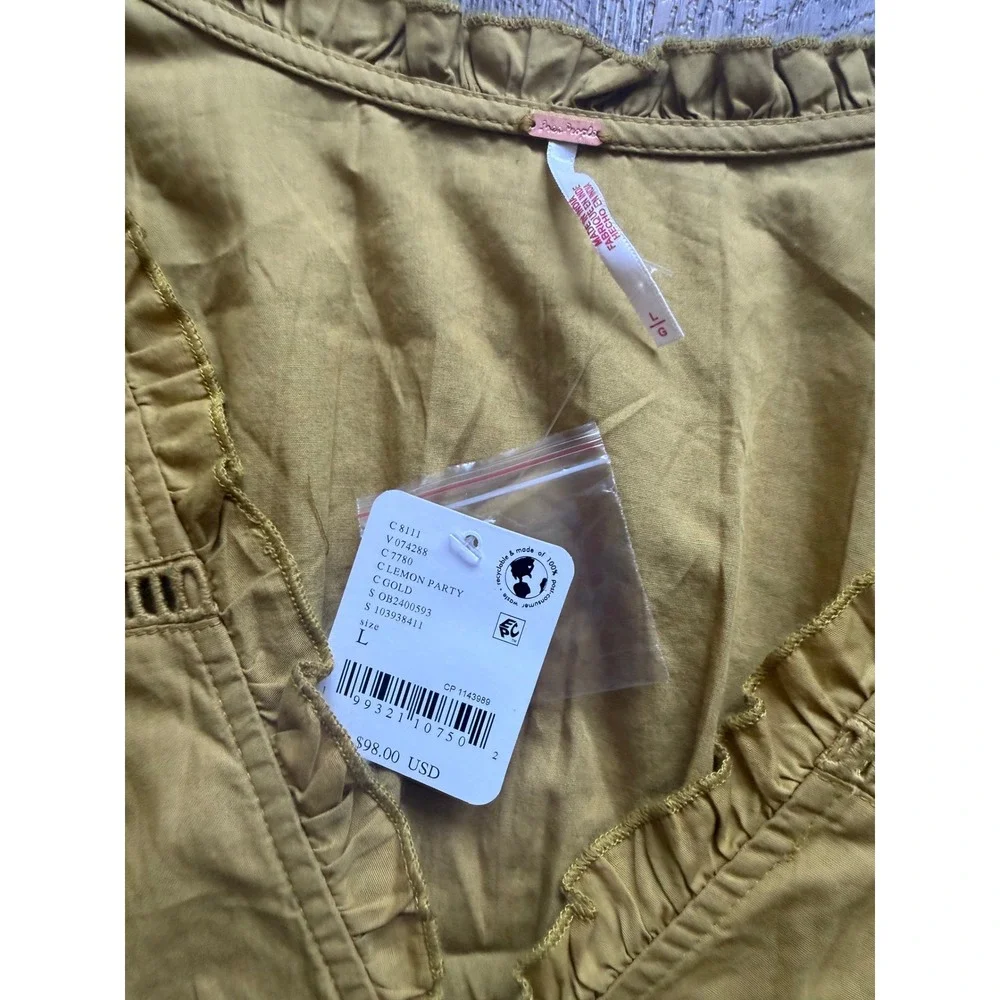 Free‎ People Lemon Party Smocked Waist Blouse Gold Cotton Lace Top Large